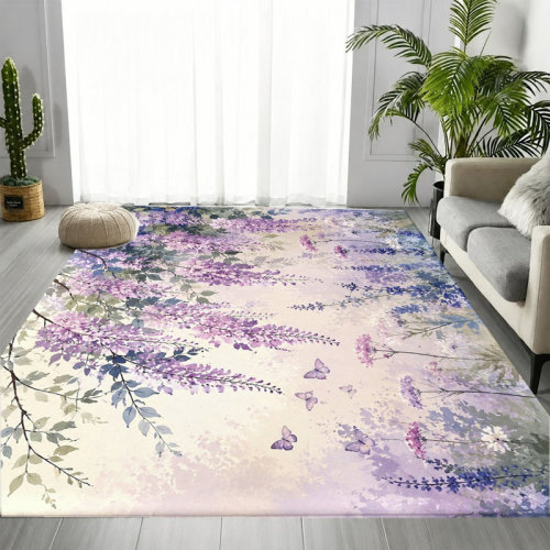 Dakota Fields Watercolor Purple Wisteria Butterfly Floral Area Rug, Exquisite Botanical Flower Wing Print Pattern, Machine Washable Non-Slip Floor Carpet, Stylish Aesthetic Artistic Indoor Home Accent for Living Room, Bedroom,Dormitory, Apartment, Entrywa