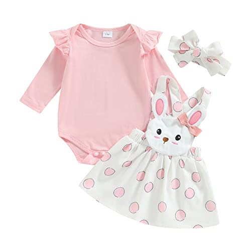 Newborn Baby Girl Easter Outfit Long Sleeve Romper Rabbit Suspender Skirt Overall Dress My First Easter Outfit