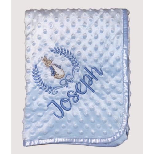 Personalised blue bobble blanket with Peter  rabbit