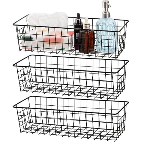 Hedume 3 Pack Metal Wire Storage Organizer Basket, 16.2" x 6.3" x 4.4" Bin Basket with Handles, Versatile Organizer for Kitchen, Pantry, Closet, Laundry Room, Cabinets, Bathroom - Black
