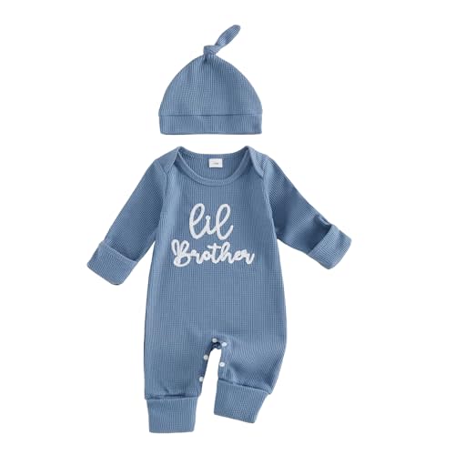 allshope Newborn Baby Boy Fall Outfit Romper Little Brother Lil Bro Long Sleeve Jumpsuit Bodysuit Cute Infant Waffle Clothes
