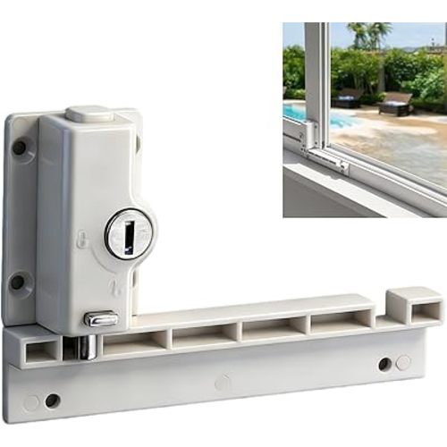 eSynic Keyed Sliding Door Lock - Child & Pet Proof Safety Lock for Sliding Glass Doors- No Drill Adhesive & Screw Mounting-Dual Position Ventilation Lock for Backyard/Pool Areas/Sliding Windows