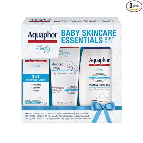 Aquaphor Baby Skin Care Essentials Gift Set with Baby Wash and Shampoo (16.9 Fl Oz) + Healing Ointment for Chapped Skin and Drool Rash (7Oz) + Diaper Rash Cream (3.5Oz), Hypoallergenic