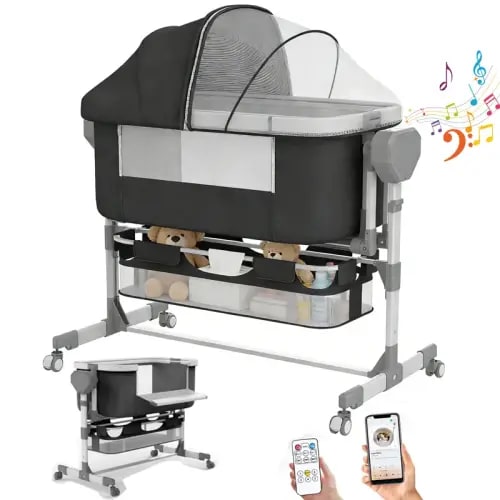 Rocking Bassinet for Baby, Electric Bassinet Automatic 5 Rocking Motion Bassinet Bedside Sleeper for Newborn, Auto Rolling Baby Cradle 6 Height Adjustable with 4 Lullabies, Wheels, Storage - TikTok Shop