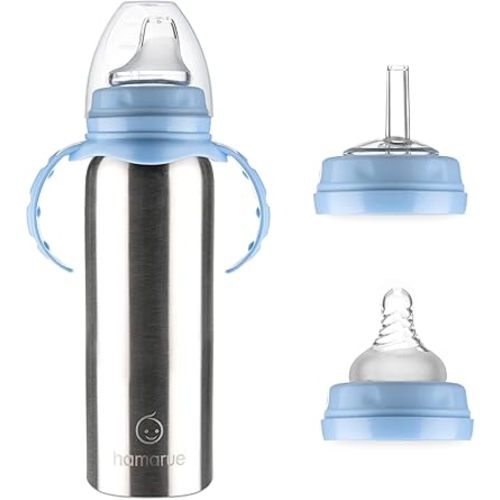 3-in-1 Stainless Steel Sippy Cups for Toddlers | Non-Toxic Insulated Stainless Steel Baby Bottle | Straw Cup with Removeable Handles | Plastic Free Liquid Transfer (8 oz, Blue)