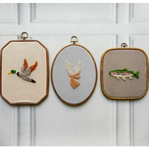Rustic Wildlife Needle Felted Hoop Art set | Hunting Nursery Decor | Felt Woodland Wall Art | Deer,Duck,Fish | Boys Room Decor