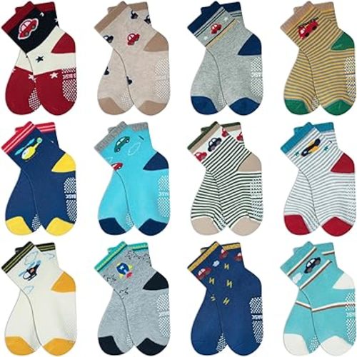HYCLES Anti Slip Toddler Socks, 12 Pairs Non-Skid Cotton Grip Kid Socks