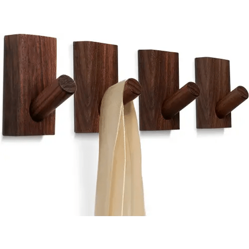 TURDORIA 4-Pack Wood Wall Hooks for Hanging - Decorative Mounted Hooks For Towel Heavy Duty Coats - Robe, Backpack (Walnut)