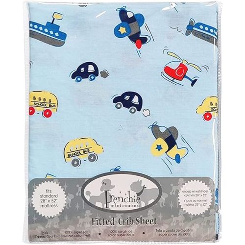 Frenchie Mini Couture, Fitted Crib Sheet Single, 100% Woven Cotton, Toddler Fitted Sheet, Fits Standard Size Baby Mattress 28 x 52 x 8in, Cars, Boats, & Planes (Light Blue)