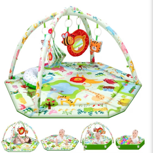 lulunemo Baby Play Mat,Tummy Time Mat with 6 Detachable Toys-Activity Gym for Visual, Auditory & Motor Development-Washable Baby Activity Mat for 0-12 Month Infants(Animal Theme)