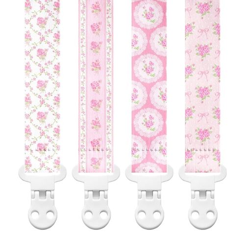 Stadela Baby Fabric Pacifier Clip Holder, Plastic Clip, 4‑Pack, Floral Pattern, Juliette Set