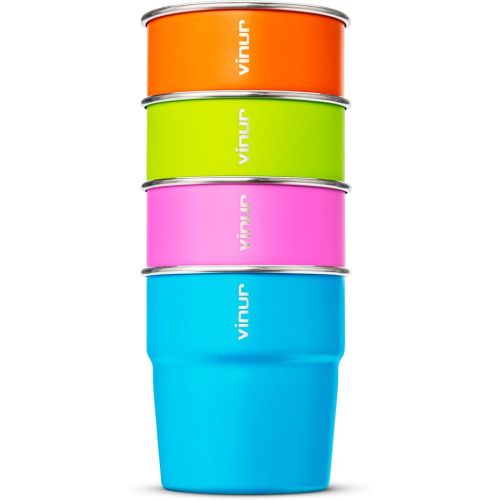 VINUR Kids Stainless Steel Cups-8 oz Stackable Metal Drinking Tumbler Glasses for Travel, Camping, Outdoors (Sky Blue-Orange-Hot Red-Apple Green)