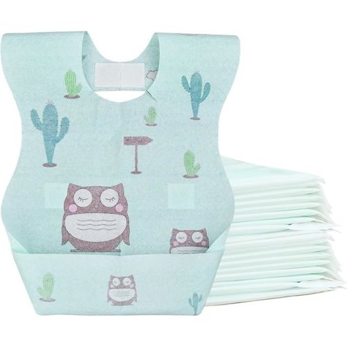 Cosermart Disposable Bibs for Baby, 50pcs Disposable Travel Bibs with Crumb Cather for Kids Self Feeding Individual Wrapped