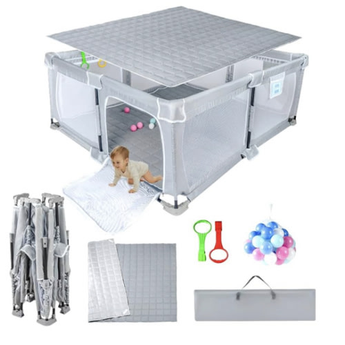 Foldable Baby Playpen 50"x50"，Playpen for Babies and Toddlers with Mat，Foldable playpen with Door，Indoor and Outdoor Baby Fence Play Area (Light Gray, Foldable 50"x50" with Mat)