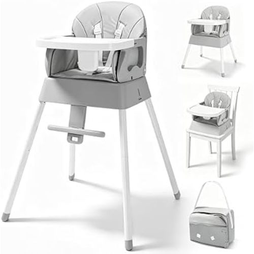 5 in 1 Foldable Baby High Chair,Convertible Highchair for Babies and Toddlers-Portable Infant Booster Seat,Foldable Dining Chair,Toddler High Chair with 5-Point Harness,Removable Tray (Grey)