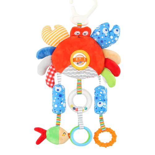 Baby Car Seat Toys with Clip - Travel Sensory Toys for 6 7 8 9 10 11 12 Months, Infant Roadtrip Soft Montessori Hanging Plush Toys Wind Chime, Teether, Rattle, Squeaky for Newborn Boy Girl Gifts