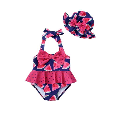 Kimi Bear Baby Girl Swimsuit, 3-6 Months, Off Shoulder, Watermelon, Rash Guard, Headband