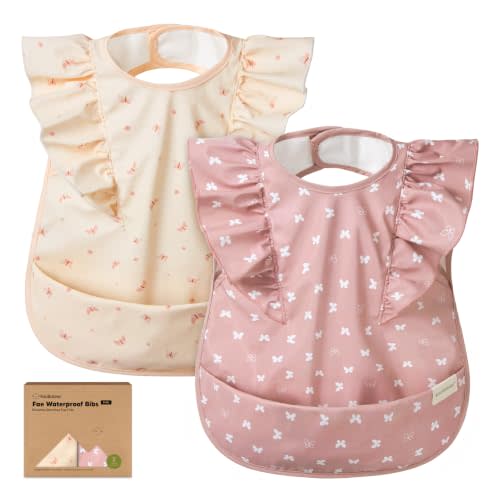 KeaBabies Waterproof Bibs for Baby Girl,Boy – 2-Pack Lightweight, Large Baby Bibs for Eating, Wearable Food Catcher, 6-12 Months Infant Feeding Essentials, Smock for Toddlers 1-3, Kids (Butterflies)