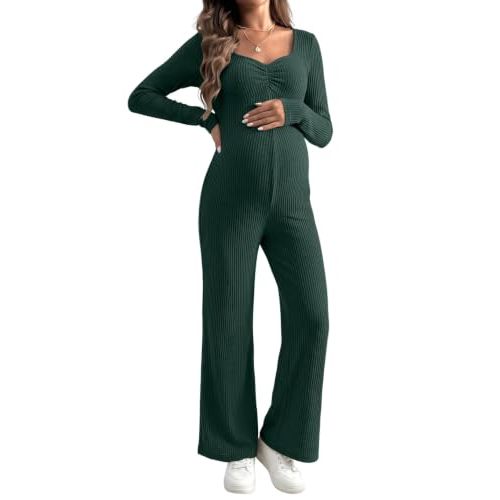 BLENCOT Maternity Ribbed Jumpsuit Long Sleeve Square Neck Stretchy Romper | Jumpsuits for Women One Piece Pregnancy Outfits Winter Fall Maternity Clothes