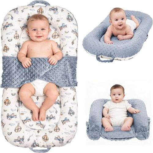 Infant Support Cushion, 3-in-1 Portable Baby Support Cushion for Newborns 0-24 Months, Foldable Sitting Seat with Removable Cover, Dual-Sided 100% Cotton and Velvet, Grey Airplane