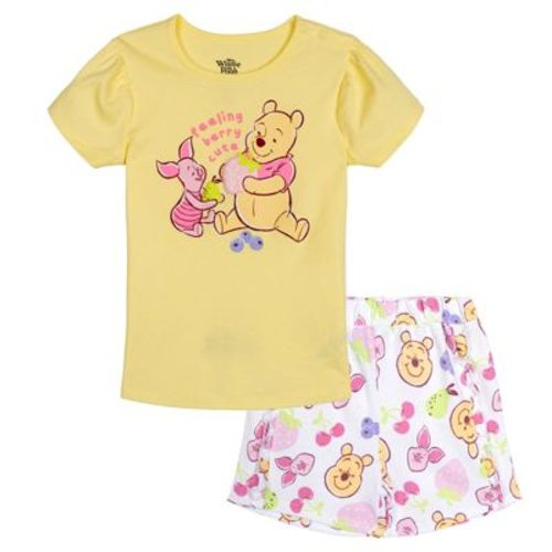 Disney Winnie the Pooh Baby Girls' Graphic Tee and Allover Print French Terry Ruffle Shorts Outfit Piglet Yellow 6-9 Months