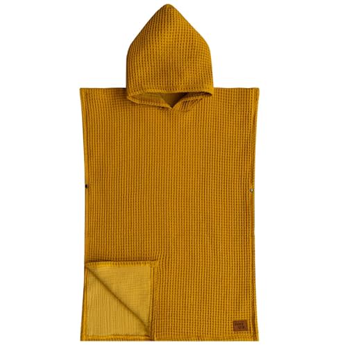 Hooded Towel for Babies + Toddlers | Snaps into a Poncho | Organic Cotton Waffle | Lighweight and Absorbent | Bath, Beach, and Pool | MultipleColors (Small (0-3 Yrs), Mustard Seed NON-MUSLIN)