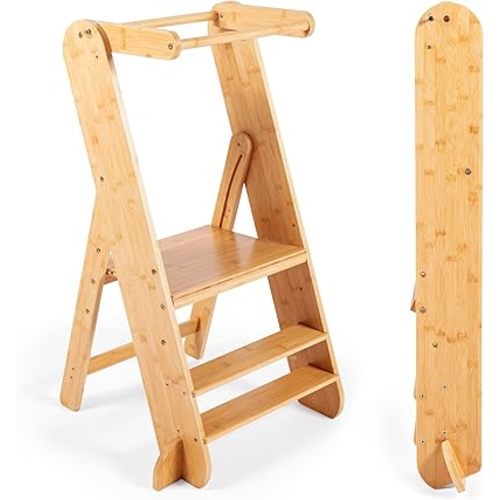 Adjustable Folding Toddler Tower, 3 Level Height Adjustable, Montessori Learning Stool, Kids Standing Tower for Kitchen and Bathroom.
