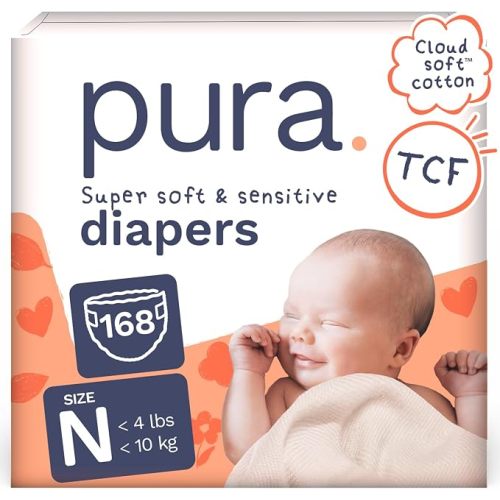 Pura Newborn Baby Diapers - Size N (Up to 10 lbs),168 Diapers, Cloud Soft Disposable Diapers for Sensitive Skin, Totally Chlorine Free, Blowout Blocker & Wetness Indicator