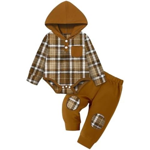 Fommy Baby Boy Clothes Flannel Plaid Outfits Long Sleeve Hoodie Romper Fall Winter 2 Pcs Clothes for Boy