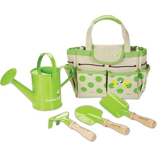 Kids Metal Gardening Tools Set, Childrens Gardening Tool Kit with Canvas Tote Bag and Metal Watering Can, Metal Hand Rake, Trowel and Shovel, FSC Certified Wood
