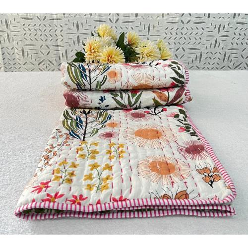 Floral Print Cotton Kantha Baby Quilt: Hand Stitched Nursery Bedspread