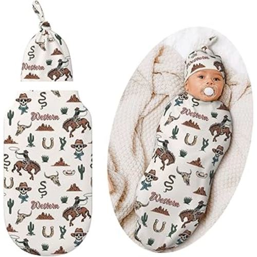 Western Swaddle Blankets Newborn Receiving Blanket Horse Baby Swaddle with Hat, Cowboy Sleeping Clothes for Baby Girls Boys