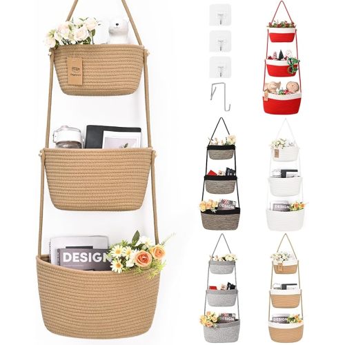 Hanging Storage Baskets, Over the Door Basket, Cotton Wall Baskets Storage, Hanging Door Basket with 4 Hooks