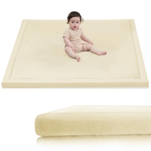 Huloo Sleep Baby Play Mat for Floor, 1.3" Thick Elasti-Foam 50x50 Playpen Mat for Toddlers Infant Kids,Water-Repellent Soft Velvet for Tummy Time, Non-Slip Backing for Crawling, Tatami Style(Vanilla)