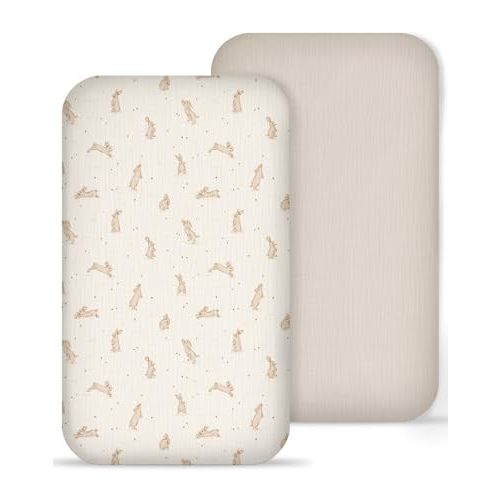 Muslin Bedside Bassinet Sheets 2 Pack, 33x20 Fitted Ultra Soft & Breathable Bedside Sleeper Sheets, Ideal for Baby Girl and Boy, Perfect for Newborns (Hopping Bunnies & Beige)