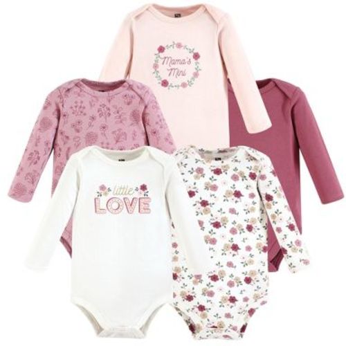 Hudson Baby Infant Girls Cotton Long-Sleeve Bodysuits 5-Pack, Mauve Floral Love, 6-9 Months