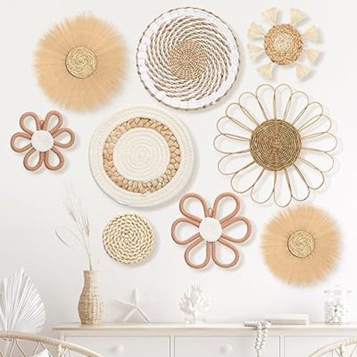 Chunful 9 Pcs Boho Nursery Wall Decor Daisy Flower Woven Macrame Seagrass Rattan Basket Wall Hanging Bohemian Decorations Gifts for Home Dorm Art Farmhouse Bedrooms Living Room (Boho)