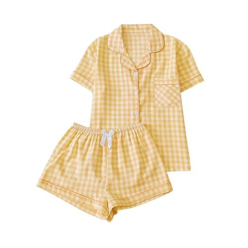 Verdusa Women's Plaid 2 Piece Cute Pajama Sets Short Sleeve Button Down Shirts with Shorts Loungewear