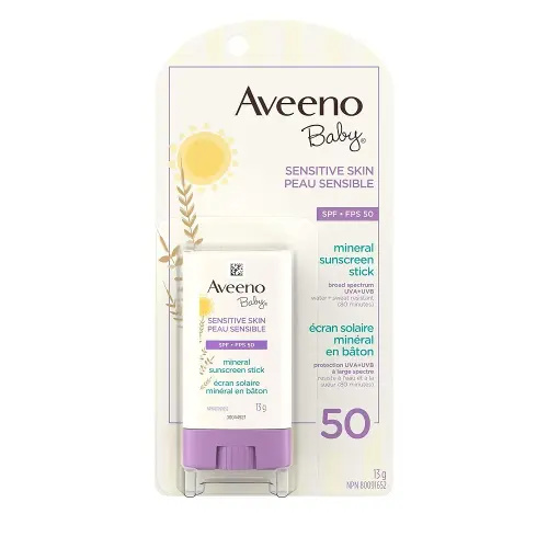 Aveeno Baby Sensitive Skin Mineral Sunscreen Stick SPF 50 with 100% mineral active ingredient, for Face & Body, Sweat- & Water-Resistant Kids Sunscreen Stick, Travel Size, 13g