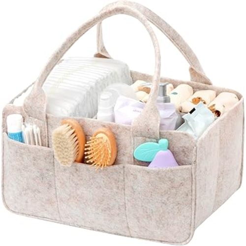Lifewit Felt Diaper Caddy Organizer with Handle, Portable Baby Nappy Storage Basket Bag with Detachable Divider, Newborn Essentials for Nursery, Changing Table, Car, Regular, Oatmeal, 13.5"×9.1"×7.1"