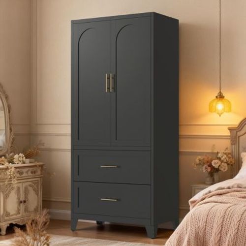 GDFStudio Reina Modern Metal Tall Wardrobe with Adjusted Shelf, Black