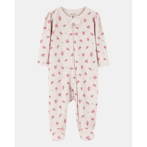 Baby Girl Floral 2-Way Zip Waffle Knit Sleep & Play Pajamas - Khaki | Carter's
