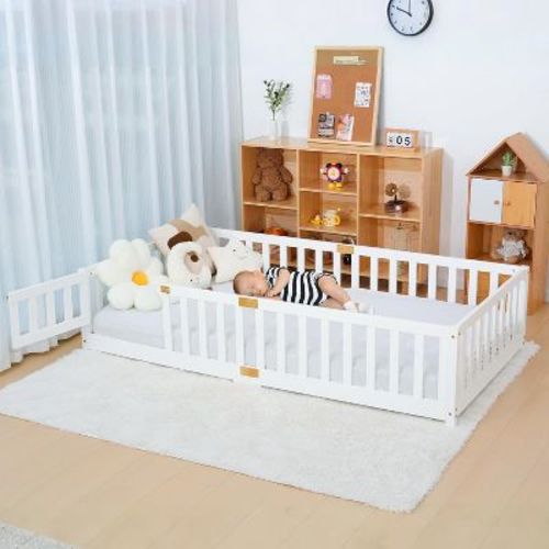 DoCred Toddler Floor Bed for Kids, Wood Floor Bed w/Slats & Fence for Girls and Boys, Montessori Bed Frame