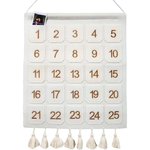 Photo Advent Calendar with Pockets, Christmas Calendar Countdown, Embroider Numbers Felt Photo Advent Calendar w/ 25 Small Pockets, Advent Calendars for Holiday Tradition (Gold)