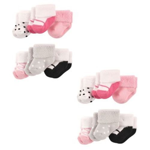 Luvable Friends Infant Girls Newborn and Baby Socks Set, Pink Black Shoes 12-Piece, 0-3 Months