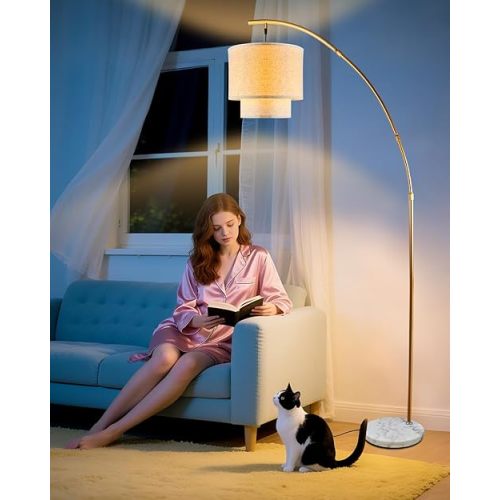 Lightdot Gold Arc Floor Lamp, Modern Floor Lamps for Living Room, Standing Lamp with Double Linen Shade, E26 Bulb Included, 76.8" Tall Floor Lamp for Bedroom, Home Office