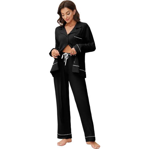 HEARTNICE Women Pajama Sets, Button Up Long Sleeve knit Sleepwear Soft Lounge Pjs,(Black,L)