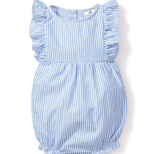 Baby's Twill Ruffled Romper in French Blue Heritage Stripe