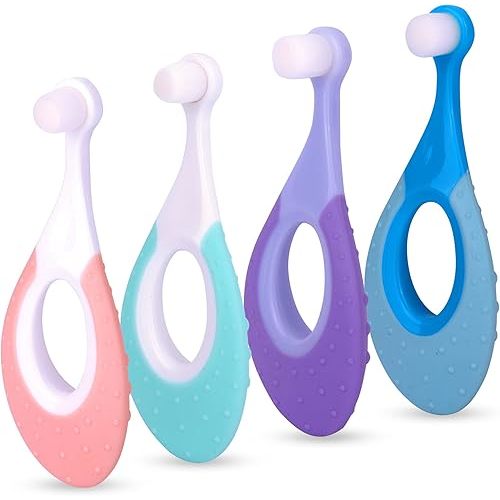 Baby Toothbrush & Toddler Toothbrush for Age 0-2 Years Old | Extra Soft Bristle for Baby Teeth & Infant Gums | BPA-Free, Easy-Grip Finger Handle & Teething Pad | Dentist Recommended | 4-Pack