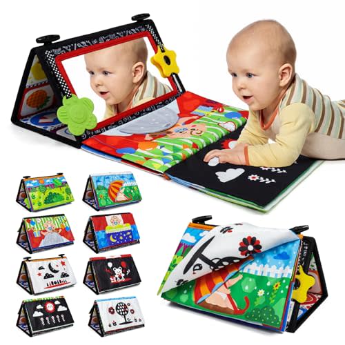 Dr.Rapeti Tummy Time Floor Mirror for Baby Infant Toddler Kids Black and White High Contrast Baby Toy with Crinkle Cloth Book Teethers Floor Activity Toy Washable Non-Toxic
